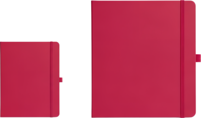 Two hardback notebooks with elastic closures sit side by side one large and one small stationery writing transparent background