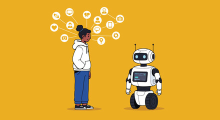 A person standing next to a robot with icons above their head, representing ai, technology, and the future of communication on a yellow background