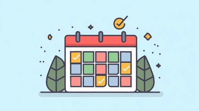 Colorful calendar illustration with checkmarks and leaf accents.