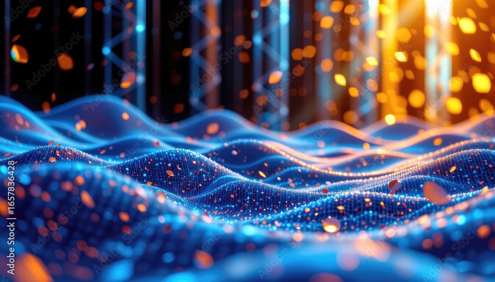 Poster futuristic abstract scene with waves and particles in bright colors reflecting light and creating a 