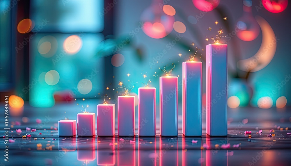 Aufkleber glowing bar graph representation of growth statistics with sparkles in a modern, colorful setting