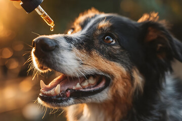 Fototapeta premium A joyful dog eagerly waits for a dropper filled with oil, symbolizing pet care and health. The warm sunlight highlights its happy expression.