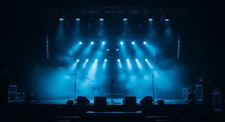 Blue stage lights illuminating a smoky, empty concert venue, creating an atmospheric and dramatic ambiance.