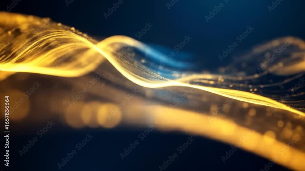 Wall mural abstract glowing golden waveform on a dark gradient backdrop with scattered specks of light