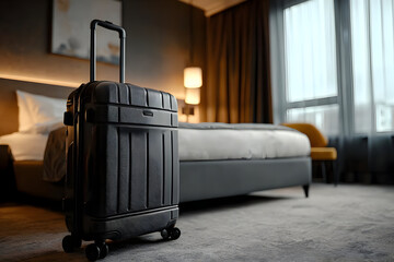 Fototapeta premium A sleek black suitcase stands alone in a stylish hotel room, symbolizing adventure and exploration. Perfect for travel enthusiasts and wanderers.