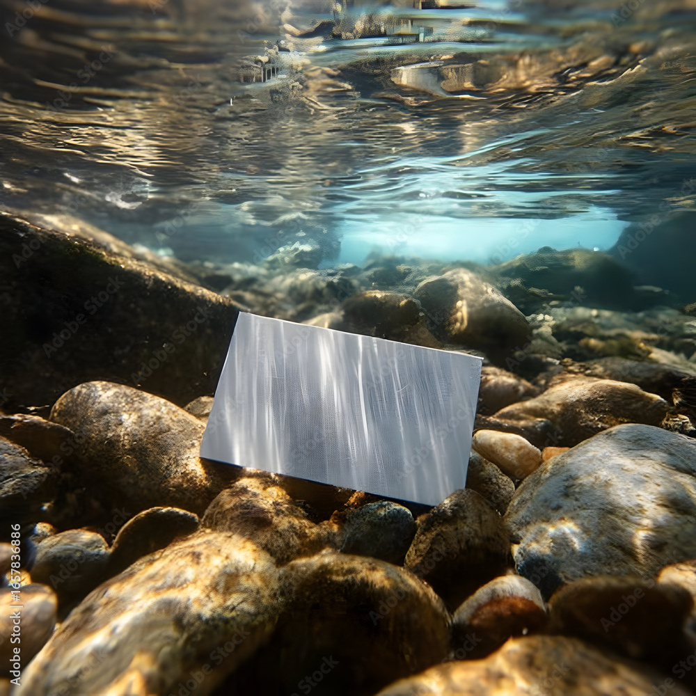 Poster a serene underwater scene showcasing a reflective surface resting on smooth pebbles. light dances th