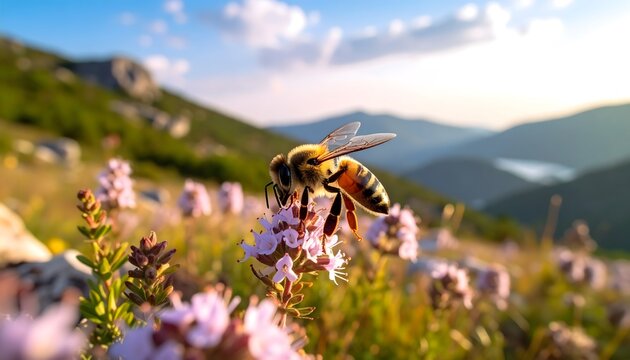 Vibrant honey bee pollinating delicate purple flowers in a sunlit mountain meadow