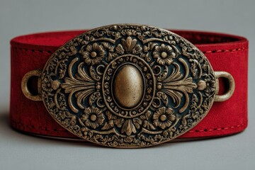 Red suede bracelet with ornate brass buckle