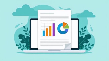 An email with a document appears on the laptop screen. A pie chart showing financial analysis animates on the document. The chart consists of 4 colors. Animation in flat style. Animation in flat desig - Powered by Adobe