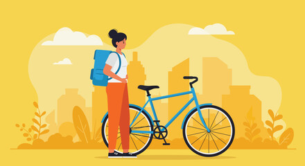 A woman with a backpack is standing next to a bicycle in front of a city skyline, ready to deliver packages or food with her bike in the urban environment