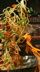 Freeze Motion of Wok Pan with Flying Ingredients in the Air and Fire Flames. Kitchen Interior on Background. Vertical Aspect Ratio.