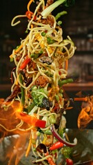Freeze Motion of Wok Pan with Flying Ingredients in the Air and Fire Flames. Kitchen Interior on Background. Vertical Aspect Ratio.