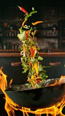 Freeze Motion of Wok Pan with Flying Vegetable Ingredients in the Air and Fire Flames. Kitchen...