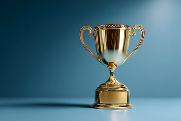 Fototapeta premium A shiny gold trophy stands proudly against a blue background, symbolizing achievement, success, and recognition in various competitive fields.