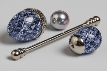 Oval, mosaic-patterned, light-blue objects on a silver rod, with pearl