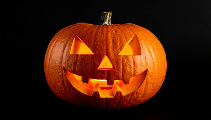 Obraz premium Carved Halloween pumpkin isolated on black backdrop. Jack o lantern. Traditional holiday symbol.