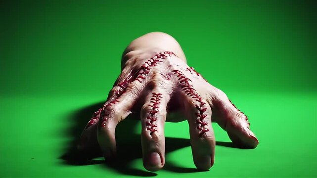 Dynamic Close-Up of Surreal Human Hand with Red Baseball Stitching on Green Screen