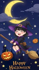 Halloween Witch  photo Illustration &ndash; Broom, Moon & Pumpkins