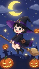 Halloween Witch  photo Illustration &ndash; Broom, Moon & Pumpkins