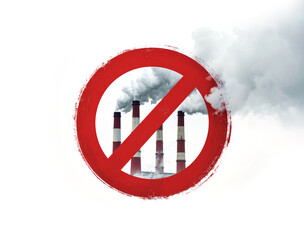 Stop CO2 emissions - Stop sign in brush stroke with smoking chimneys inside