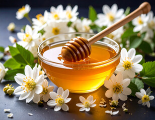 Honeycomb with honey and flowers, sunny background