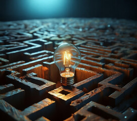 Glowing lightbulb in sprawling maze - metaphor of solution, solving