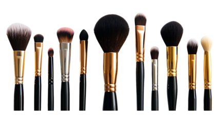 Professional makeup brushes set for flawless beauty application and cosmetic enhancement tools collection on transparent background