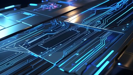 A premium abstract background featuring glowing blue neon circuits and holographic metallic surfaces, representing innovation and high-tech elegance.