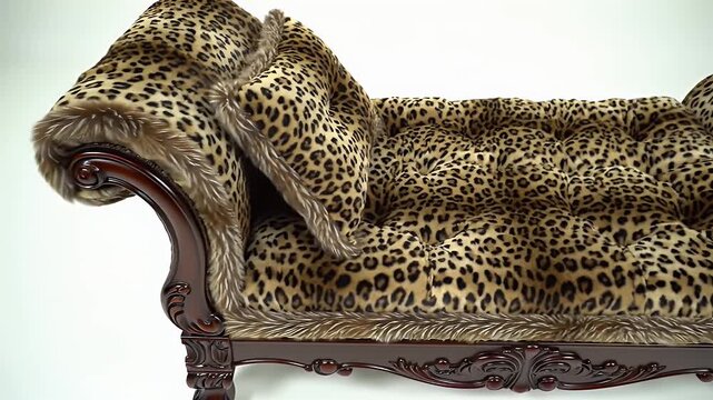 Leopard Print Chaise Lounge with Dark Wood Frame on White Background