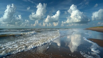 Wide coastal beach scene, sunlit clouds reflected in calm water