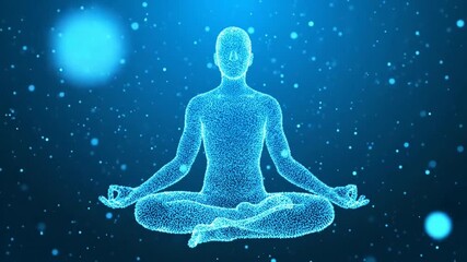 A luminous digital figure sits in a serene lotus yoga pose, embodying mindfulness and spiritual energy. - Powered by Adobe