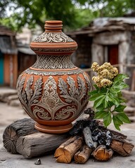 Earthy Tones Clay Vase Wood Basket High Resolution Picture