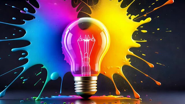 Bright glowing lightbulb with vivid colorful paint splashes exploding on dark background creating vibrant energy