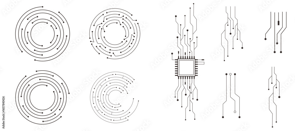 Wall mural set circuit board circle line dots connection. motherboard electronic collection technology data, el