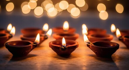 Row of illuminated clay diyas with bokeh lights in the background