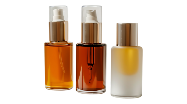 Luxury skincare oil serum bottles for face and body anti aging beauty products golden caps and glass vials on transparent background