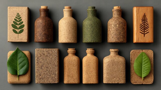 Neatly organized eco-friendly products on natural wooden surface top view with blank space for text overlay, highlighting sustainable, green, and healthy business marketing and promotional ideas.