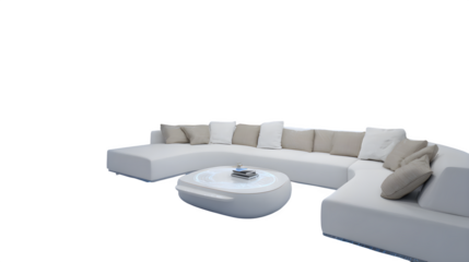 futuristic living room with integrated smart devices, including a voice-controlled coffee table and automated curtains