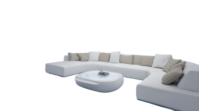 futuristic living room with integrated smart devices, including a voice-controlled coffee table and automated curtains