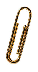 Gold-toned paperclip,  isolated on black.  Close-up,  detailed.  Smooth, polished appearance