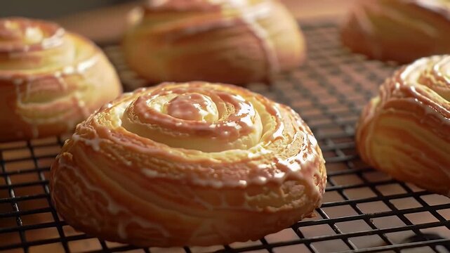 Golden Brown Danish Swirls on Black Rack with Glaze Delicious Baked Pastries in Warm Light