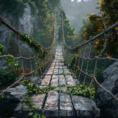 Wooden suspension bridge with ivy vines, light at the end