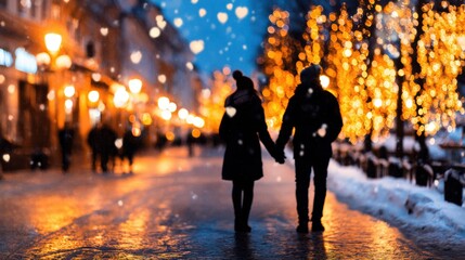 Fototapeta premium Romantic couple walking hand in hand on a snowy street adorned with glowing holiday lights at dusk
