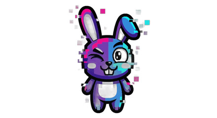 Winking pixel art bunny with glitch effect, vibrant design for gaming and digital projects
