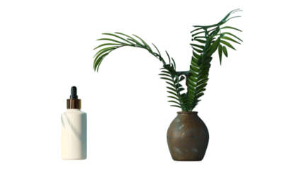 White cosmetic bottle with gold accents and green plant in vase on a dark surface still life setup on transparent background