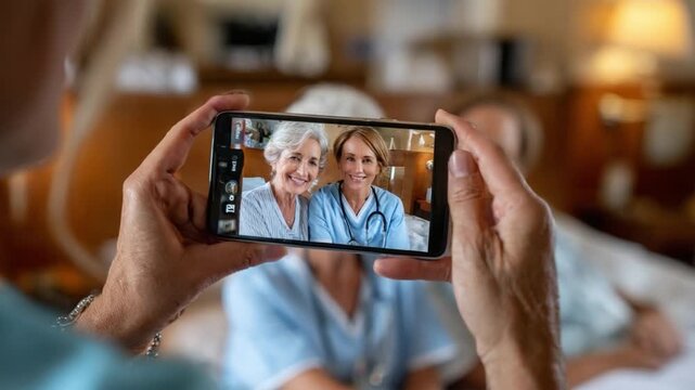 Capturing Connection: A tender moment unfolds as a caregiver shares a heartwarming video call with a smiling elderly woman, preserving the comfort of familiar faces.