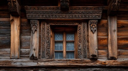 Fototapeta premium Striking Rustic Timber-Framed Structure with a Beautifully Carved Window and Elaborate Wooden Platbands Uniting Nature with Architectural Artistry