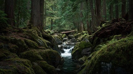 Fototapeta premium Lush creek flows through a mossy forest.