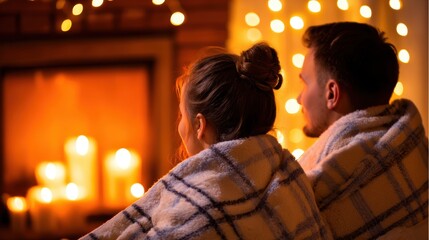 Cozy couple wrapped in blankets by a warm fireplace, surrounded by glowing candles and soft lights