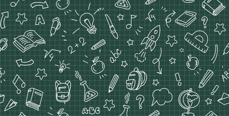 Cute set of school icons line style seamless pattern. Back to school. Doodle style. Good for textile fabric design, wrapping paper, banner, posters, cards, stickers, and website wallpapers.